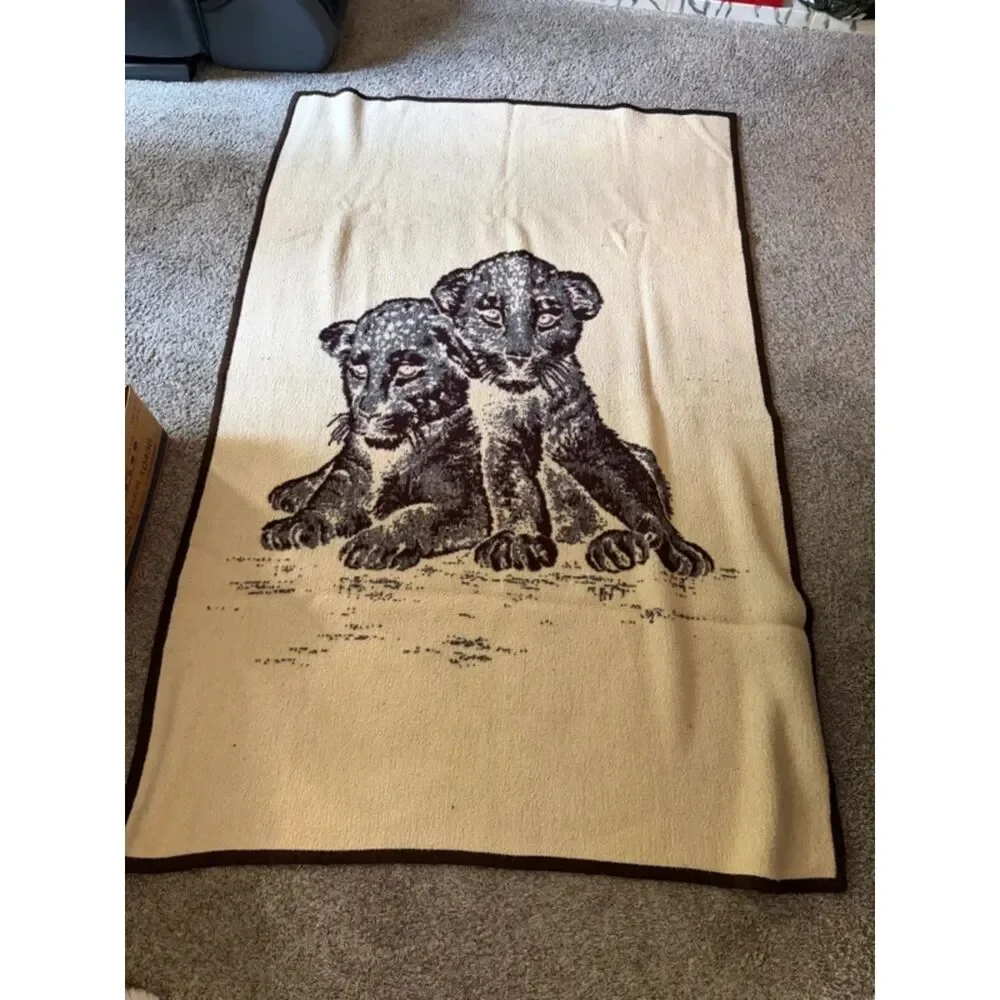 Vintage Reversible Leopard Cub Blanket Brown Cream Wildlife 52x80